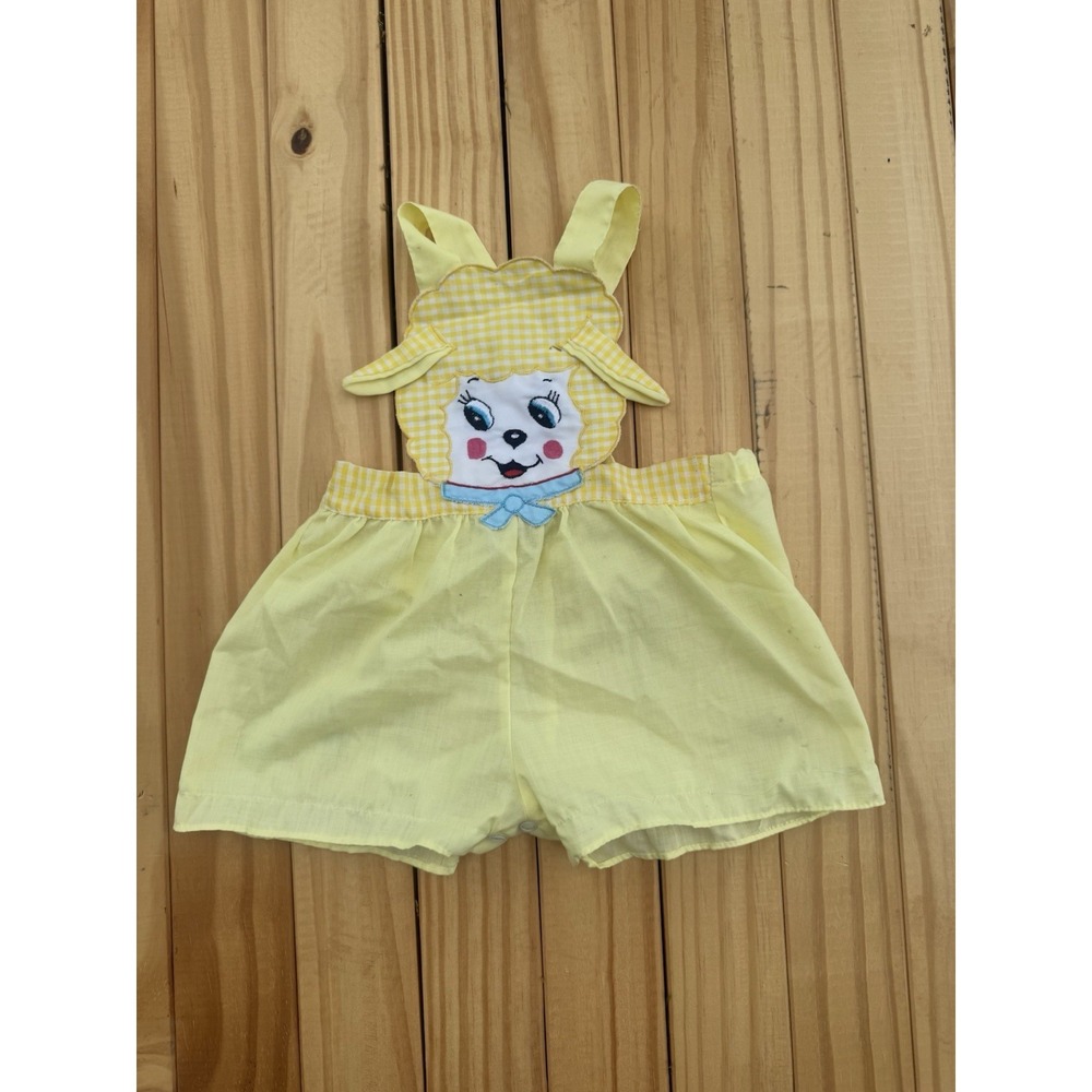 vintage unbranded yellow gingham baby romper with a sheep appliqué Sunsuit 12m